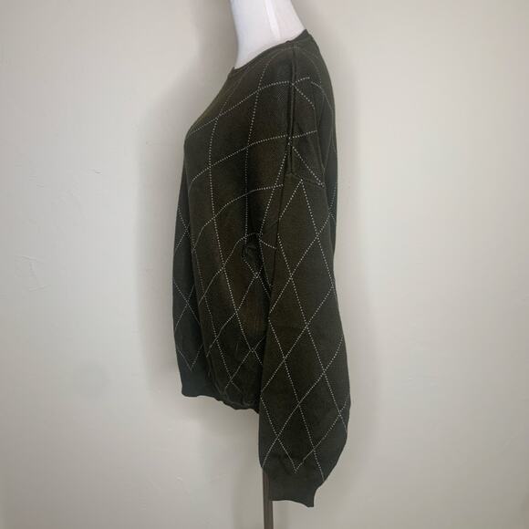 Vintage Army Green Sweater Diamond Print Large - Picture 3 of 10